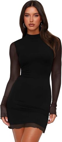 OFEEFAN Women's Bodycon Mock Neck Mini Dress Mesh Long Sleeve Club Party Dresses in Saudi Arabia