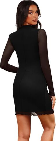 OFEEFAN Women's Bodycon Mock Neck Mini Dress Mesh Long Sleeve Club Party Dresses in Saudi Arabia