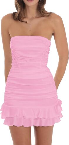 Mizoci Women's Sexy Tube Top Bodycon Mini Dress Strapless Ruffle Bow Back Ruched Party Short Dresses in Saudi Arabia