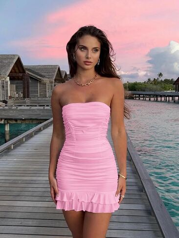 Mizoci Women's Sexy Tube Top Bodycon Mini Dress Strapless Ruffle Bow Back Ruched Party Short Dresses in Saudi Arabia