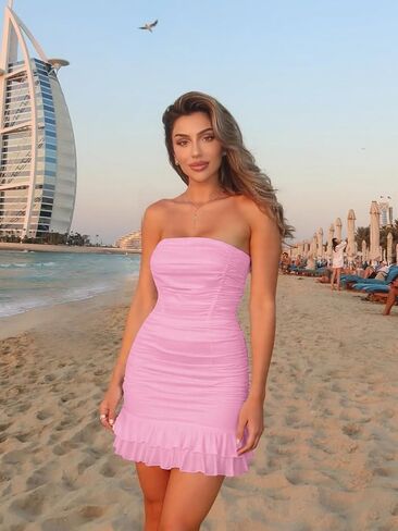 Mizoci Women's Sexy Tube Top Bodycon Mini Dress Strapless Ruffle Bow Back Ruched Party Short Dresses in Saudi Arabia
