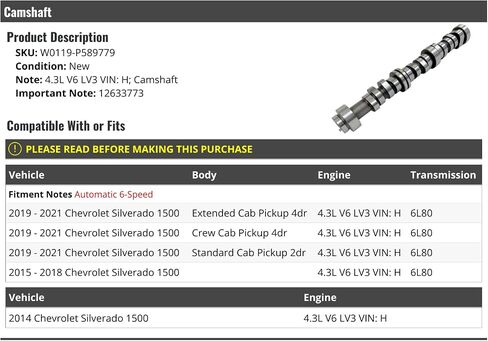عمود الحدبات - متوافق مع 2014-2021 تشيفي سيلفرادو 1500 4.3L V6 LV3 VIN H in Saudi Arabia