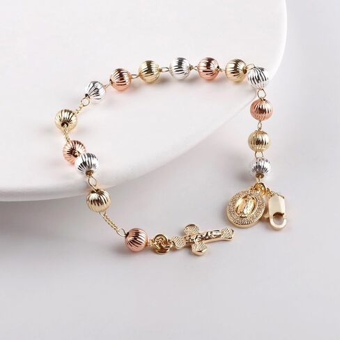 6mm Gold Plated Beads Catholic Guadalupe Crucifix Charm Rosary Bracelet for Women with Gift Box in Saudi Arabia