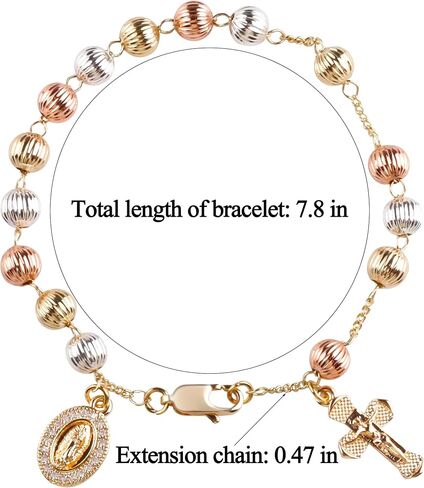 6mm Gold Plated Beads Catholic Guadalupe Crucifix Charm Rosary Bracelet for Women with Gift Box in Saudi Arabia