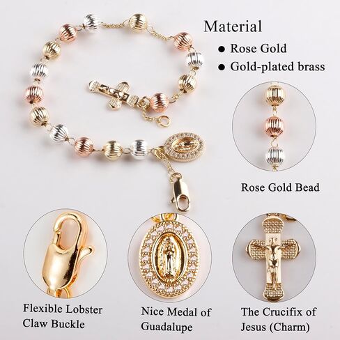 6mm Gold Plated Beads Catholic Guadalupe Crucifix Charm Rosary Bracelet for Women with Gift Box in Saudi Arabia