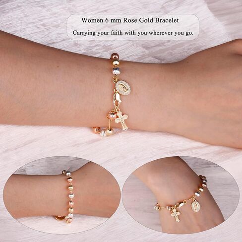 6mm Gold Plated Beads Catholic Guadalupe Crucifix Charm Rosary Bracelet for Women with Gift Box in Saudi Arabia