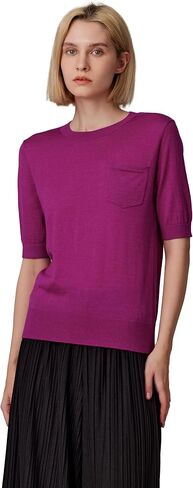 JENNIE LIU Women's Tissue Weight 75% Merino Wool 25% Silk Crew Neck Short Sleeve Sweater | Machine-Washable in Kuwait