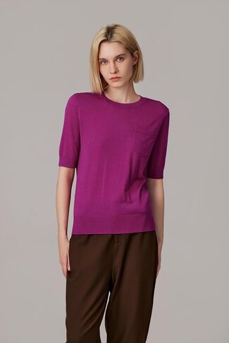 JENNIE LIU Women's Tissue Weight 75% Merino Wool 25% Silk Crew Neck Short Sleeve Sweater | Machine-Washable in Kuwait
