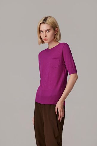 JENNIE LIU Women's Tissue Weight 75% Merino Wool 25% Silk Crew Neck Short Sleeve Sweater | Machine-Washable in Kuwait