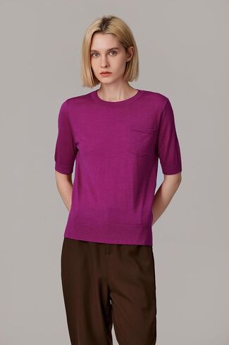JENNIE LIU Women's Tissue Weight 75% Merino Wool 25% Silk Crew Neck Short Sleeve Sweater | Machine-Washable in Kuwait