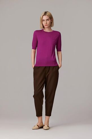 JENNIE LIU Women's Tissue Weight 75% Merino Wool 25% Silk Crew Neck Short Sleeve Sweater | Machine-Washable in Kuwait