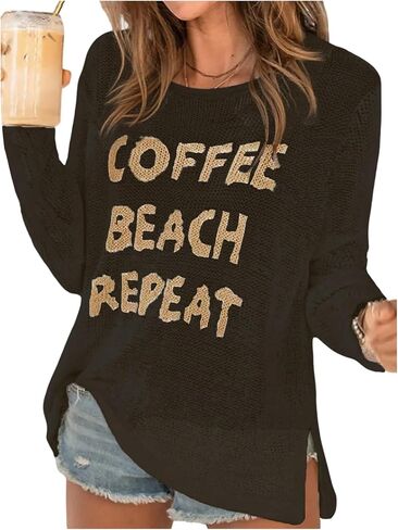 Verdusa Women's Letter Print Split Sheer Sweater Tops Round Neck Long Sleeve Knit Pullovers in Saudi Arabia