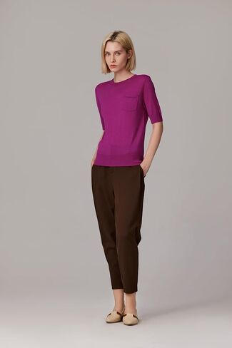 JENNIE LIU Women's Tissue Weight 75% Merino Wool 25% Silk Crew Neck Short Sleeve Sweater | Machine-Washable in Kuwait