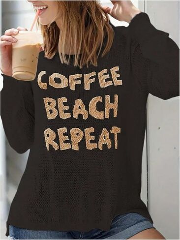 Verdusa Women's Letter Print Split Sheer Sweater Tops Round Neck Long Sleeve Knit Pullovers in Saudi Arabia
