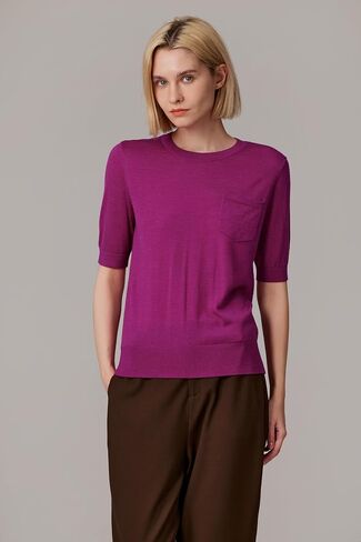 JENNIE LIU Women's Tissue Weight 75% Merino Wool 25% Silk Crew Neck Short Sleeve Sweater | Machine-Washable in Kuwait
