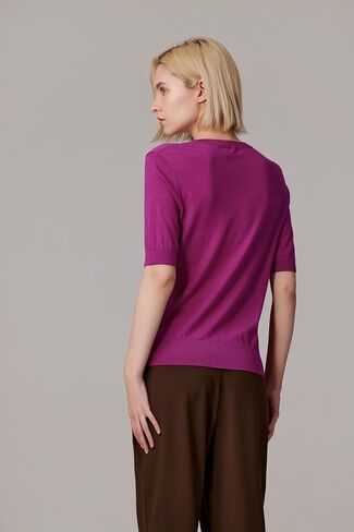 JENNIE LIU Women's Tissue Weight 75% Merino Wool 25% Silk Crew Neck Short Sleeve Sweater | Machine-Washable in Kuwait