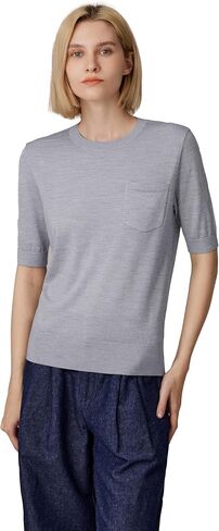 JENNIE LIU Women's Tissue Weight 75% Merino Wool 25% Silk Crew Neck Short Sleeve Sweater | Machine-Washable in Kuwait