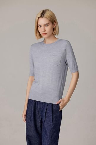 JENNIE LIU Women's Tissue Weight 75% Merino Wool 25% Silk Crew Neck Short Sleeve Sweater | Machine-Washable in Kuwait