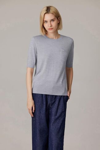 JENNIE LIU Women's Tissue Weight 75% Merino Wool 25% Silk Crew Neck Short Sleeve Sweater | Machine-Washable in Kuwait