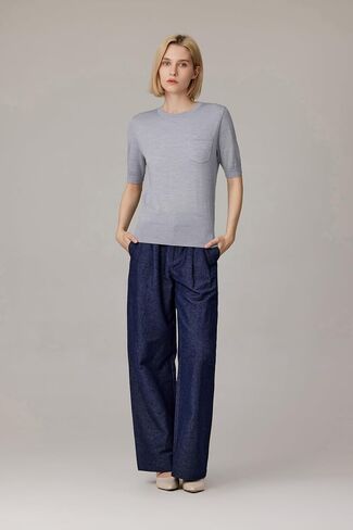 JENNIE LIU Women's Tissue Weight 75% Merino Wool 25% Silk Crew Neck Short Sleeve Sweater | Machine-Washable in Kuwait