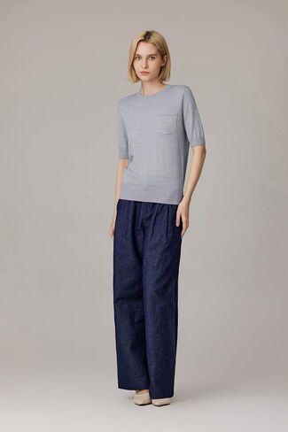 JENNIE LIU Women's Tissue Weight 75% Merino Wool 25% Silk Crew Neck Short Sleeve Sweater | Machine-Washable in Kuwait