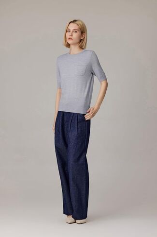 JENNIE LIU Women's Tissue Weight 75% Merino Wool 25% Silk Crew Neck Short Sleeve Sweater | Machine-Washable in Kuwait