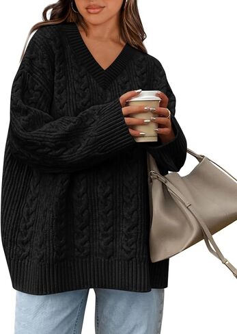 Okiwam Women's Oversized Sweaters Fall 2025 Long Sleeve V Neck Cable Knit Pullover Tops Chunky Trendy Outfits in Kuwait
