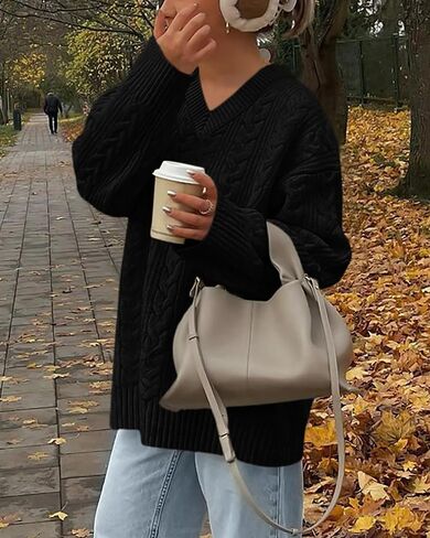 Okiwam Women's Oversized Sweaters Fall 2025 Long Sleeve V Neck Cable Knit Pullover Tops Chunky Trendy Outfits in Kuwait