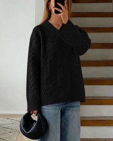 Okiwam Women's Oversized Sweaters Fall 2025 Long Sleeve V Neck Cable Knit Pullover Tops Chunky Trendy Outfits in Kuwait