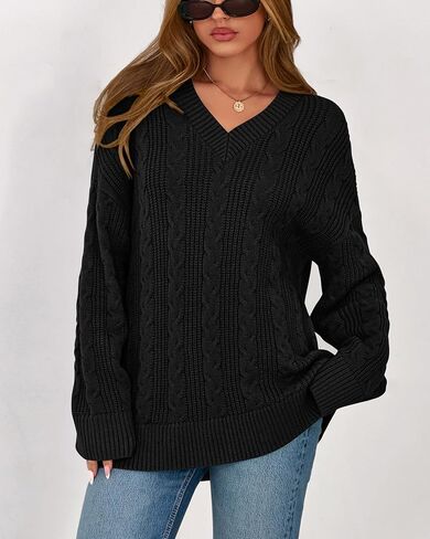 Okiwam Women's Oversized Sweaters Fall 2025 Long Sleeve V Neck Cable Knit Pullover Tops Chunky Trendy Outfits in Kuwait