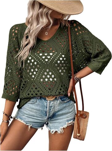 Women's Hollow Out Crochet Knit Tops Y2k 3/4 Sleeve Pullover Summer Sweater Going Out Outfits in Saudi Arabia