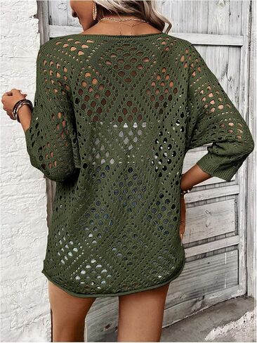 Women's Hollow Out Crochet Knit Tops Y2k 3/4 Sleeve Pullover Summer Sweater Going Out Outfits in Saudi Arabia