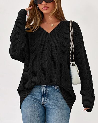 Okiwam Women's Oversized Sweaters Fall 2025 Long Sleeve V Neck Cable Knit Pullover Tops Chunky Trendy Outfits in Kuwait
