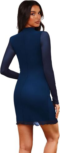 OFEEFAN Women's Bodycon Mock Neck Mini Dress Mesh Long Sleeve Club Party Dresses in Saudi Arabia