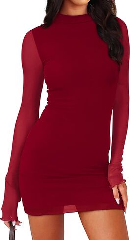 OFEEFAN Women's Bodycon Mock Neck Mini Dress Mesh Long Sleeve Club Party Dresses in Saudi Arabia