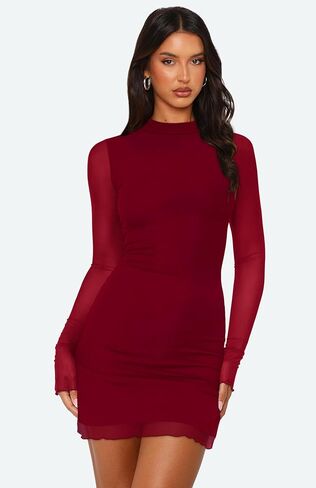 OFEEFAN Women's Bodycon Mock Neck Mini Dress Mesh Long Sleeve Club Party Dresses in Saudi Arabia