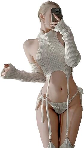 paloli Women's White Knit Sweater Lingerie Set Halter Crop Top with Garter Design, Sexy Cosplay Outfit in Kuwait