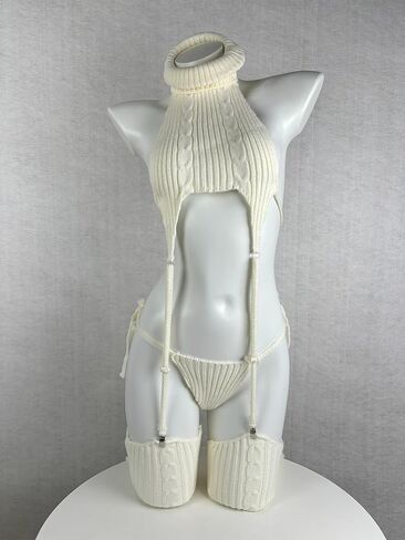 paloli Women's White Knit Sweater Lingerie Set Halter Crop Top with Garter Design, Sexy Cosplay Outfit in Kuwait