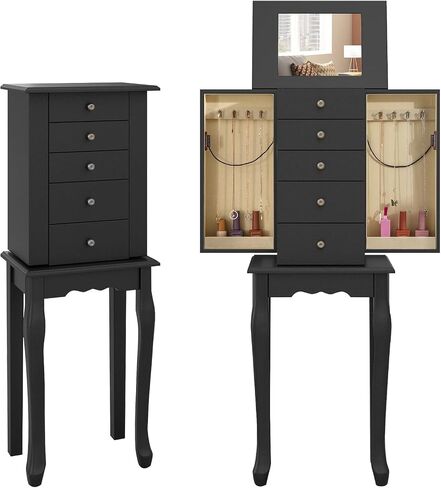 Giantex Jewelry Cabinet Armoire Chest مع 4 أدراج ، مرآة أعلى ، مقصورات تخزين أعلى ، أبواب جانبية مع 8 خطافات قلادة ، رففين ، صندوق منظم المجوهرات الأبيض للبنات للبنات in Saudi Arabia
