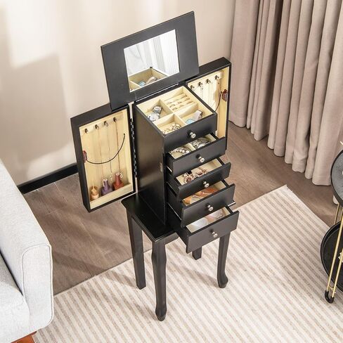 Giantex Jewelry Cabinet Armoire Chest مع 4 أدراج ، مرآة أعلى ، مقصورات تخزين أعلى ، أبواب جانبية مع 8 خطافات قلادة ، رففين ، صندوق منظم المجوهرات الأبيض للبنات للبنات in Saudi Arabia