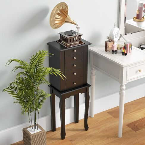 Giantex Jewelry Cabinet Armoire Chest مع 4 أدراج ، مرآة أعلى ، مقصورات تخزين أعلى ، أبواب جانبية مع 8 خطافات قلادة ، رففين ، صندوق منظم المجوهرات الأبيض للبنات للبنات in Saudi Arabia