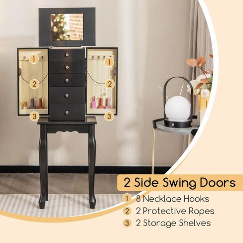 Giantex Jewelry Cabinet Armoire Chest مع 4 أدراج ، مرآة أعلى ، مقصورات تخزين أعلى ، أبواب جانبية مع 8 خطافات قلادة ، رففين ، صندوق منظم المجوهرات الأبيض للبنات للبنات in Saudi Arabia