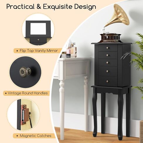 Giantex Jewelry Cabinet Armoire Chest مع 4 أدراج ، مرآة أعلى ، مقصورات تخزين أعلى ، أبواب جانبية مع 8 خطافات قلادة ، رففين ، صندوق منظم المجوهرات الأبيض للبنات للبنات in Saudi Arabia