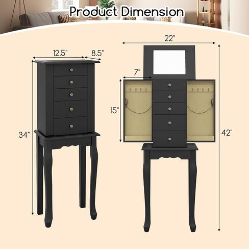 Giantex Jewelry Cabinet Armoire Chest مع 4 أدراج ، مرآة أعلى ، مقصورات تخزين أعلى ، أبواب جانبية مع 8 خطافات قلادة ، رففين ، صندوق منظم المجوهرات الأبيض للبنات للبنات in Saudi Arabia