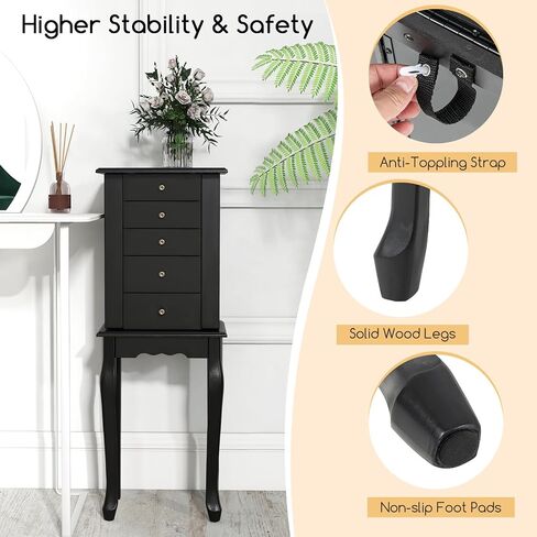 Giantex Jewelry Cabinet Armoire Chest مع 4 أدراج ، مرآة أعلى ، مقصورات تخزين أعلى ، أبواب جانبية مع 8 خطافات قلادة ، رففين ، صندوق منظم المجوهرات الأبيض للبنات للبنات in Saudi Arabia