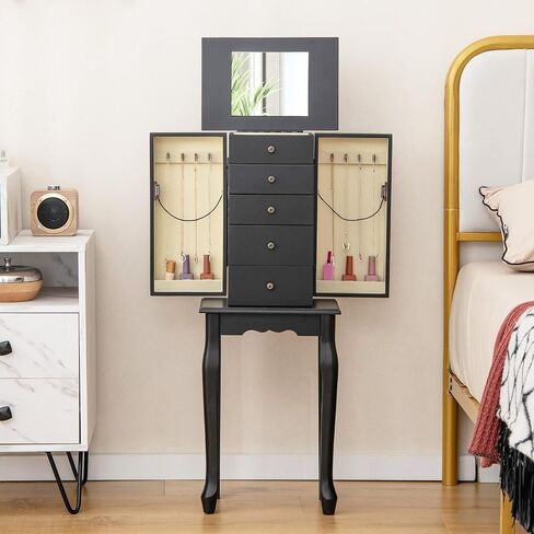 Giantex Jewelry Cabinet Armoire Chest مع 4 أدراج ، مرآة أعلى ، مقصورات تخزين أعلى ، أبواب جانبية مع 8 خطافات قلادة ، رففين ، صندوق منظم المجوهرات الأبيض للبنات للبنات in Saudi Arabia