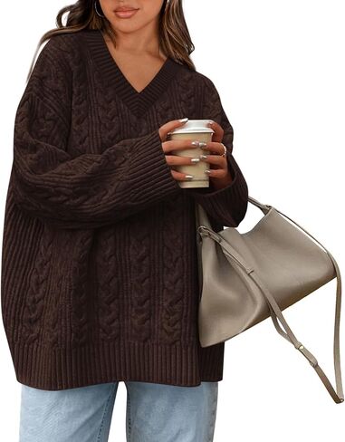 Okiwam Women's Oversized Sweaters Fall 2025 Long Sleeve V Neck Cable Knit Pullover Tops Chunky Trendy Outfits in Kuwait