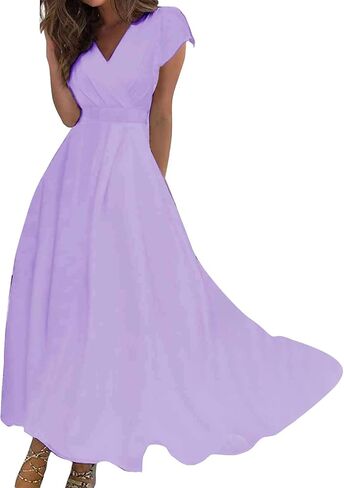 نساء الصيف Maxi Dress v الرقبة فضفاضة تناسب الأكمام القصير يوميا تدفق خط فساتين الزفاف ثوب غير رسمي 2025 in Kuwait