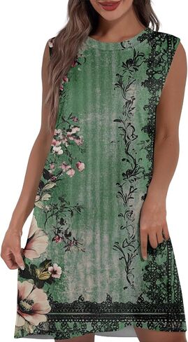Womens Crew Neck Sleeveless Mini Dresses Printed Beach Vacation Pockets Dress 2025 Summer Casual Loose Sundress in Saudi Arabia