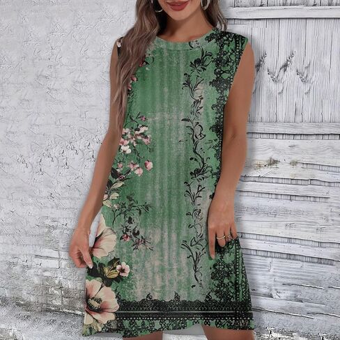 Womens Crew Neck Sleeveless Mini Dresses Printed Beach Vacation Pockets Dress 2025 Summer Casual Loose Sundress in Saudi Arabia